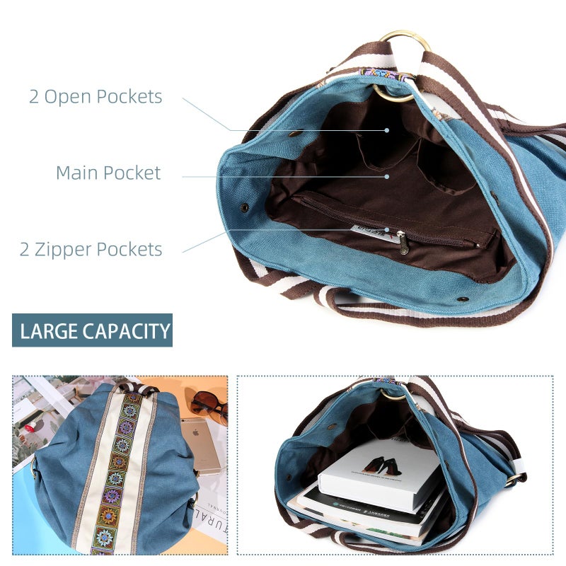 Goodhan Women Canvas Backpack Daypack Casual Shoulder Bag, Vintage Heavy-duty Anti-theft Travel Backpack (Green Blue) - Image 5